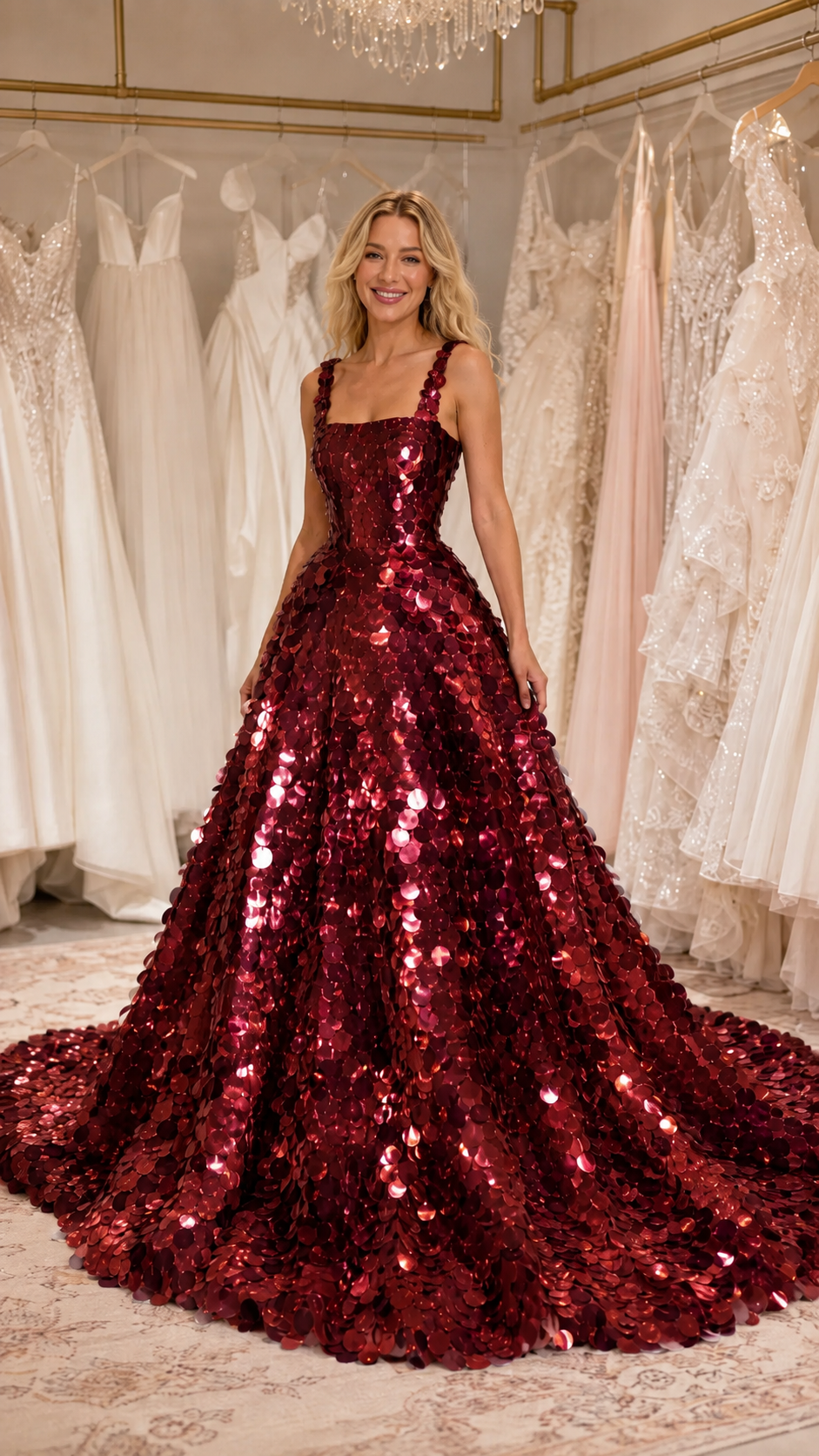 Front view of burgundy sequin formal ball gown with structured bodice and train effect