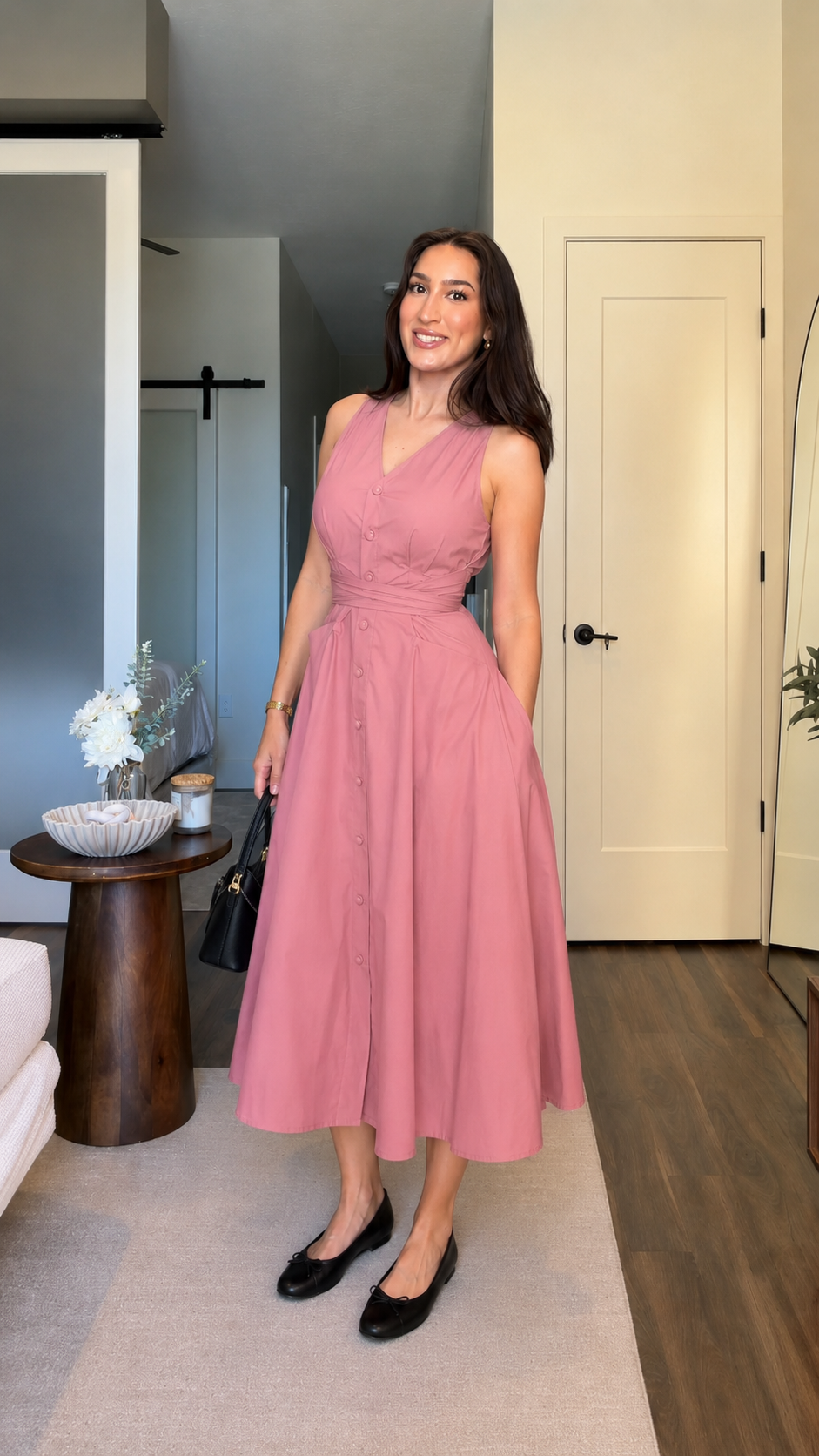 Dusty rose sleeveless V-neck button-front midi dress with flowy skirt