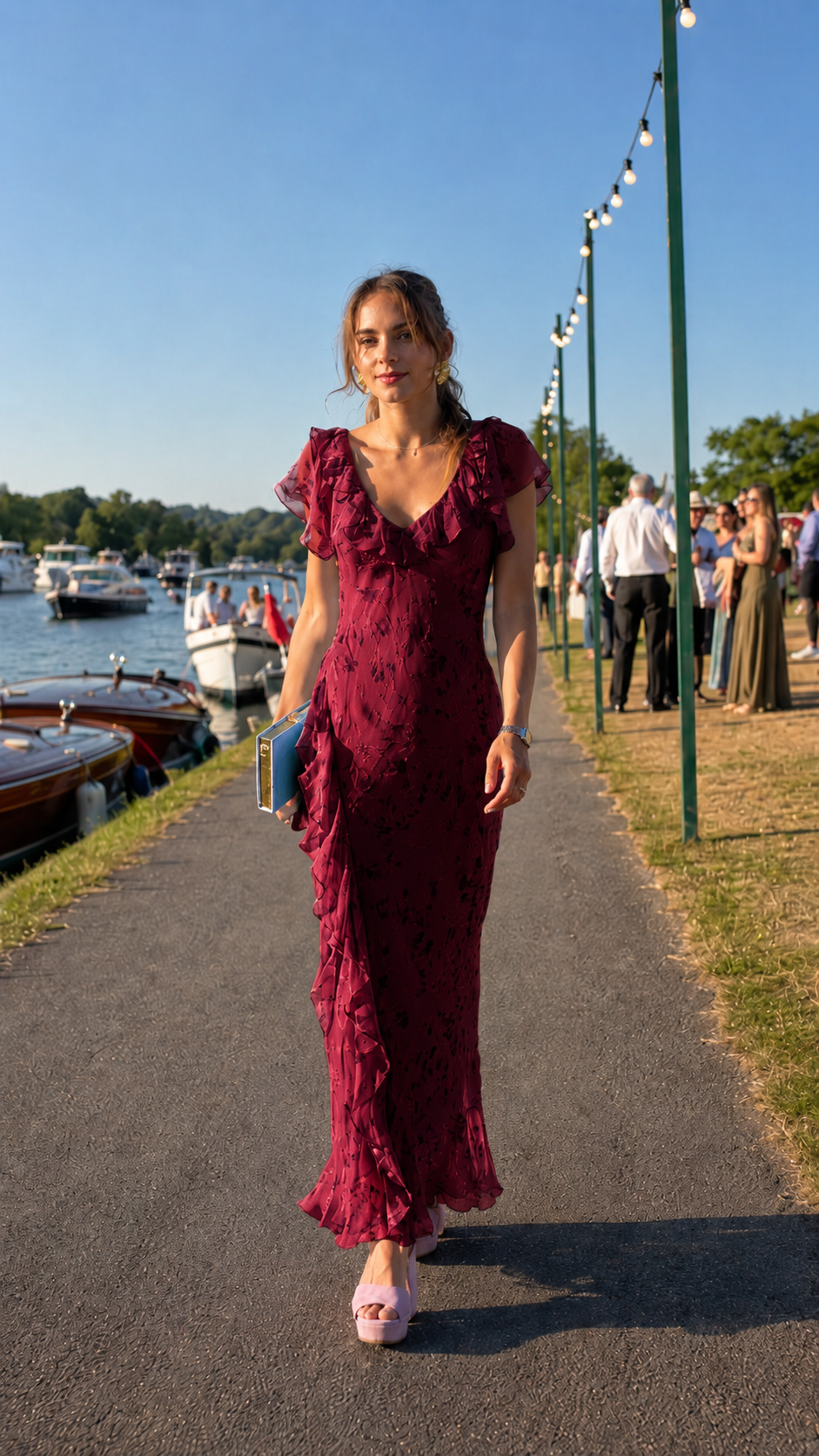 Front view of burgundy floral textured maxi dress with flutter sleeves