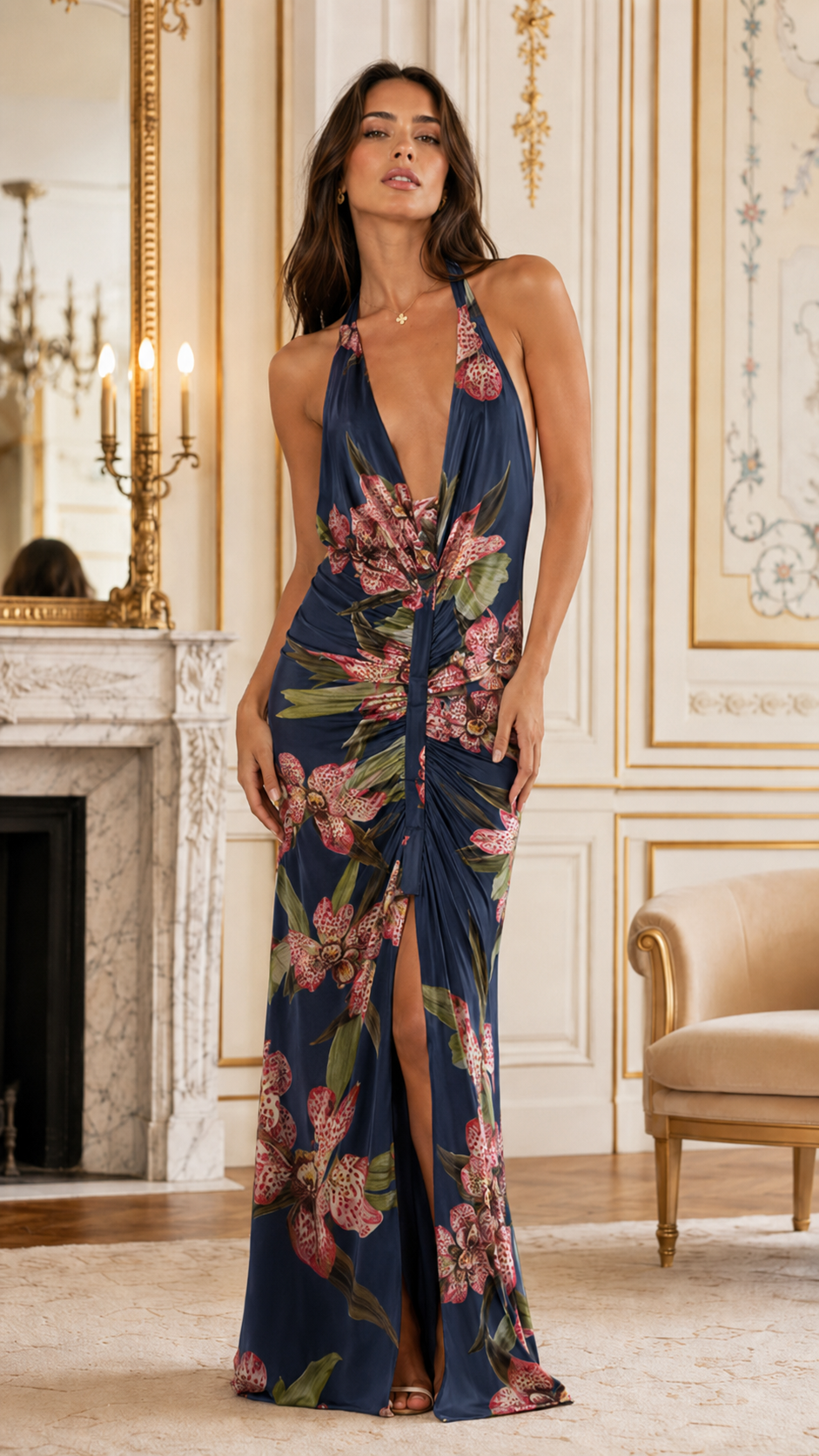 Front view of navy floral halter maxi dress with thigh-high slit
