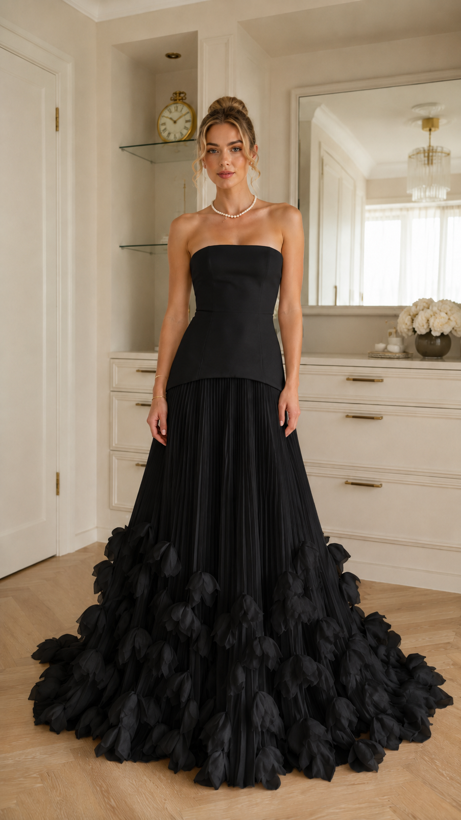 Front view of black strapless mermaid gown with pleated skirt and statement ruffle hem