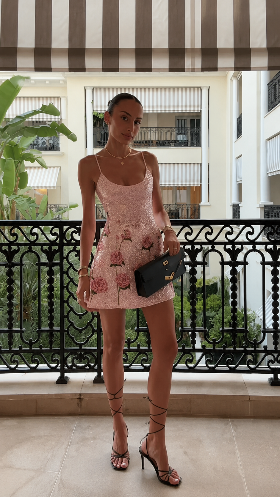 Blush pink sequin floral spaghetti strap mini dress front view