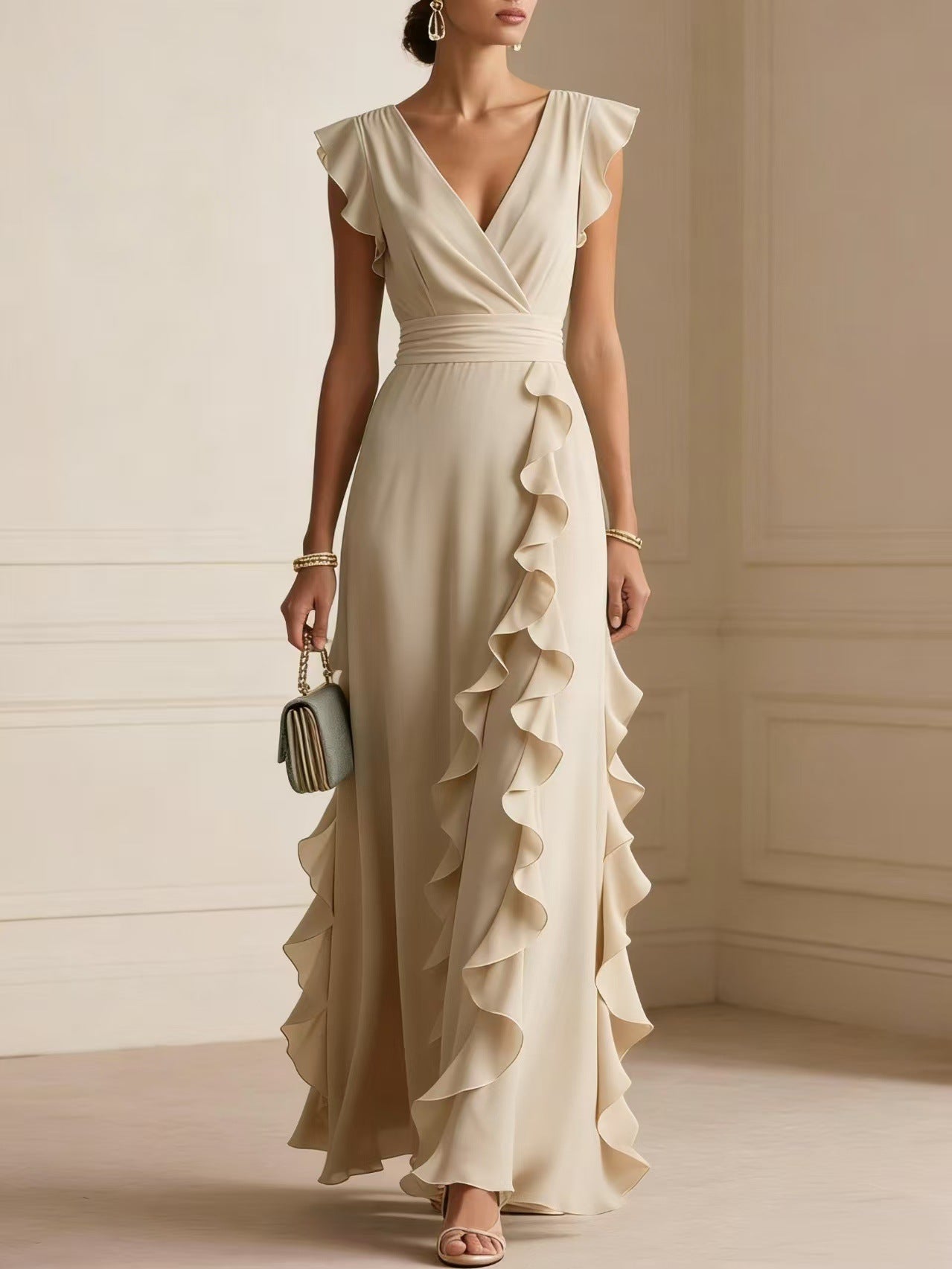 Elegant V Neck Ruffle Maxi Dress With Flutter Sleeves
