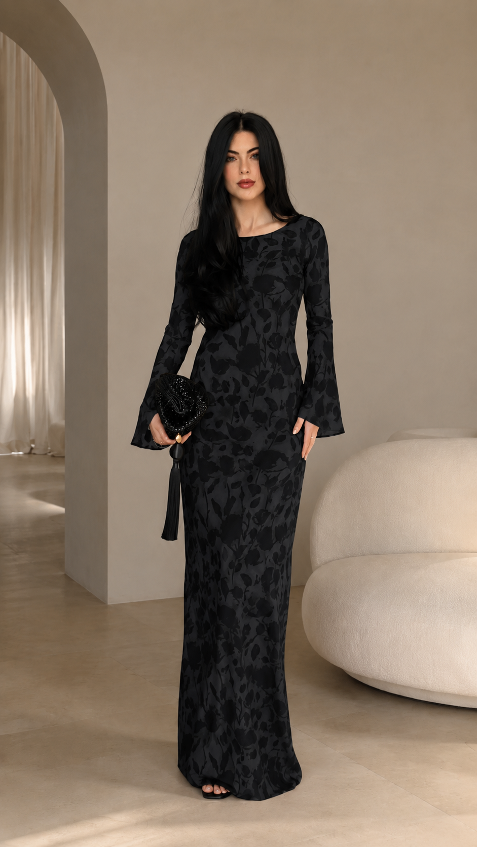 Front view of black floral jacquard bell sleeve maxi dress