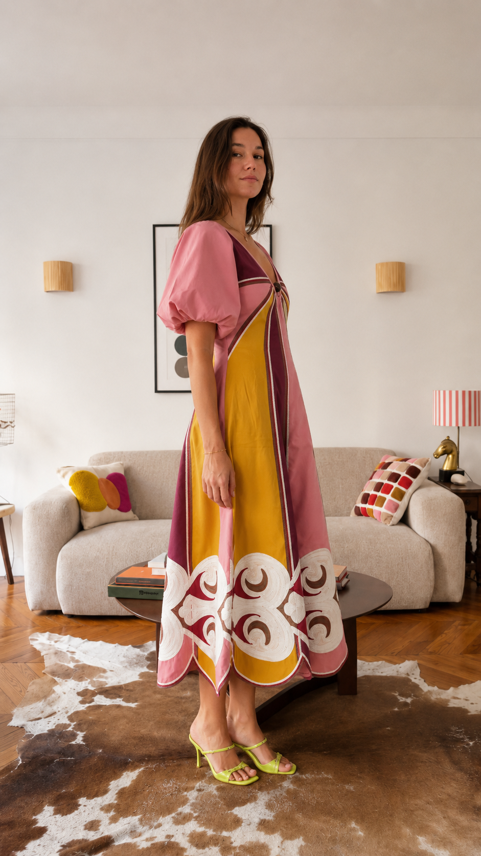 Women's Color Block Embroidered Midi Dress