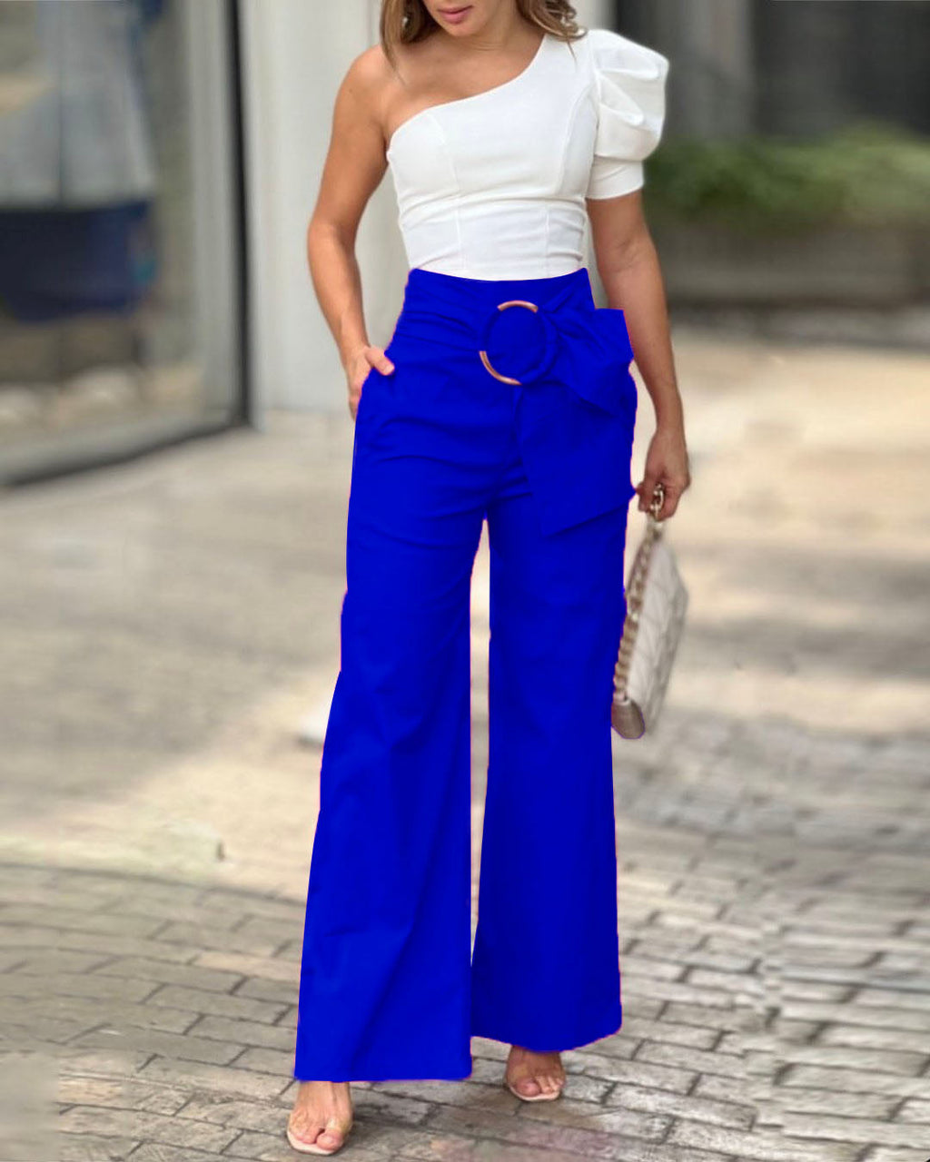 One-shoulder puff sleeve two-piece set