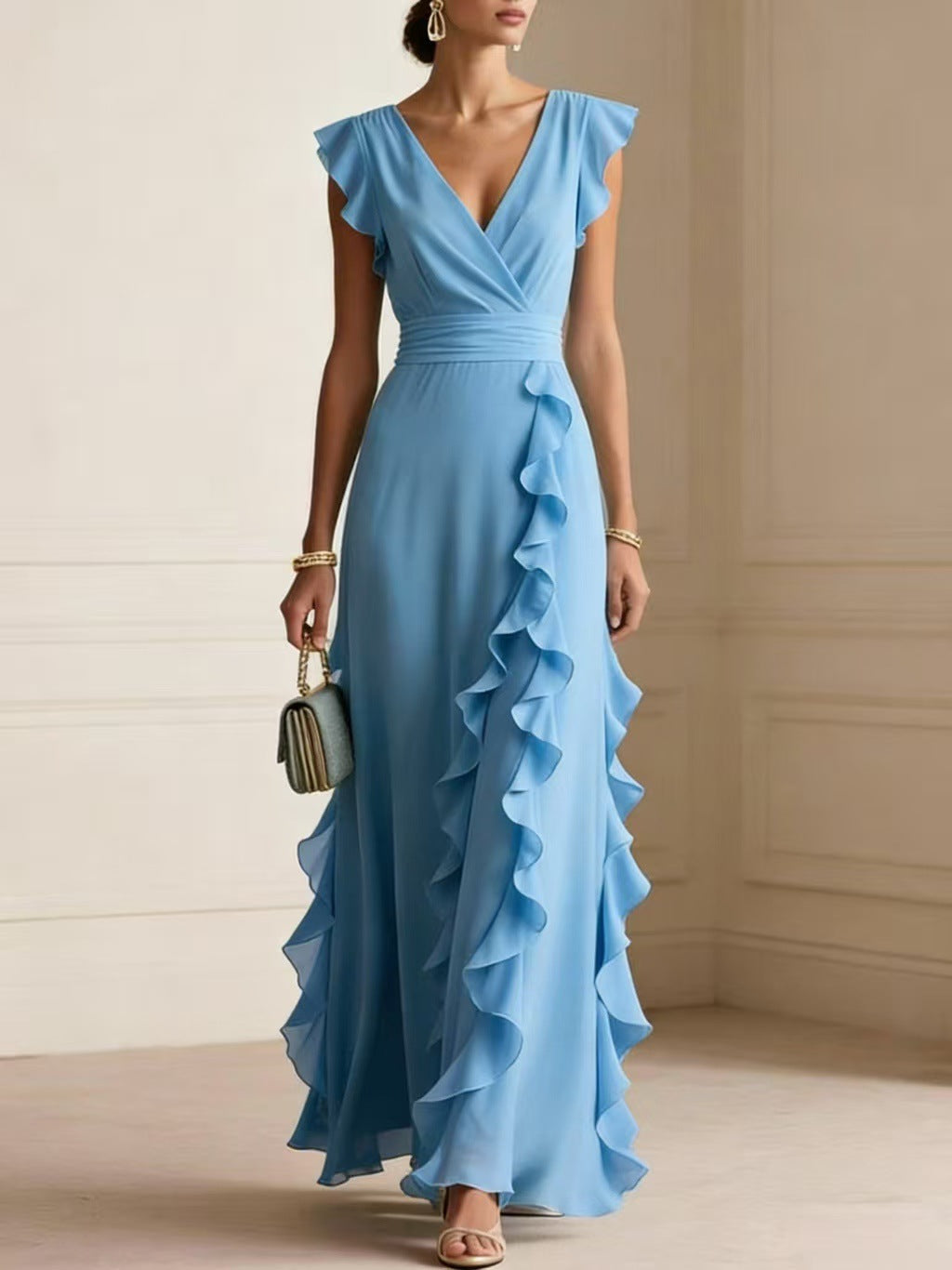 Elegant V Neck Ruffle Maxi Dress With Flutter Sleeves