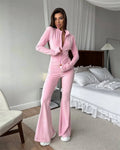 European And American-style Casual Solid-color Zip-up Long-sleeve Fitted Cardigan And Elastic Waist Pants