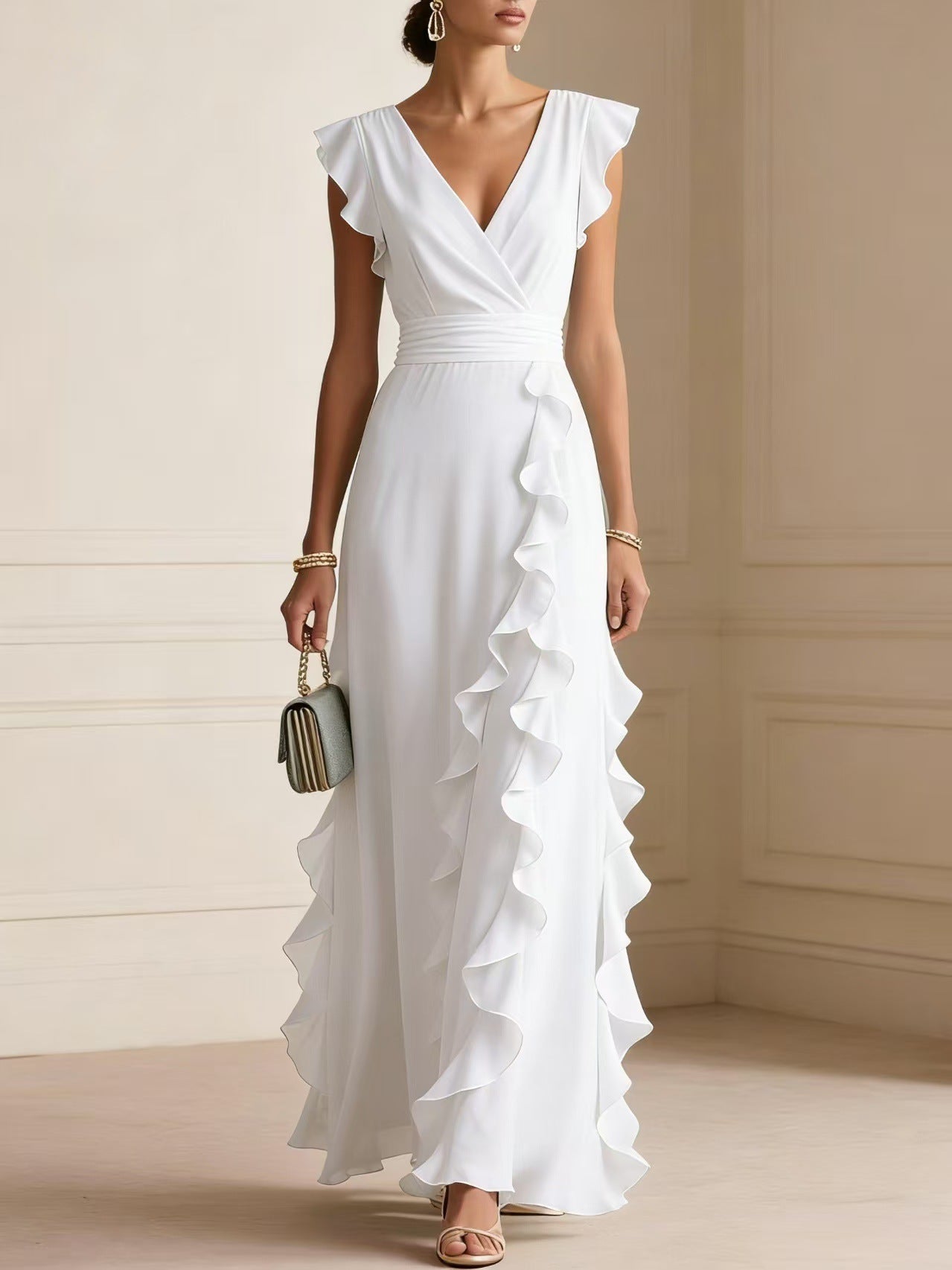 Elegant V Neck Ruffle Maxi Dress With Flutter Sleeves