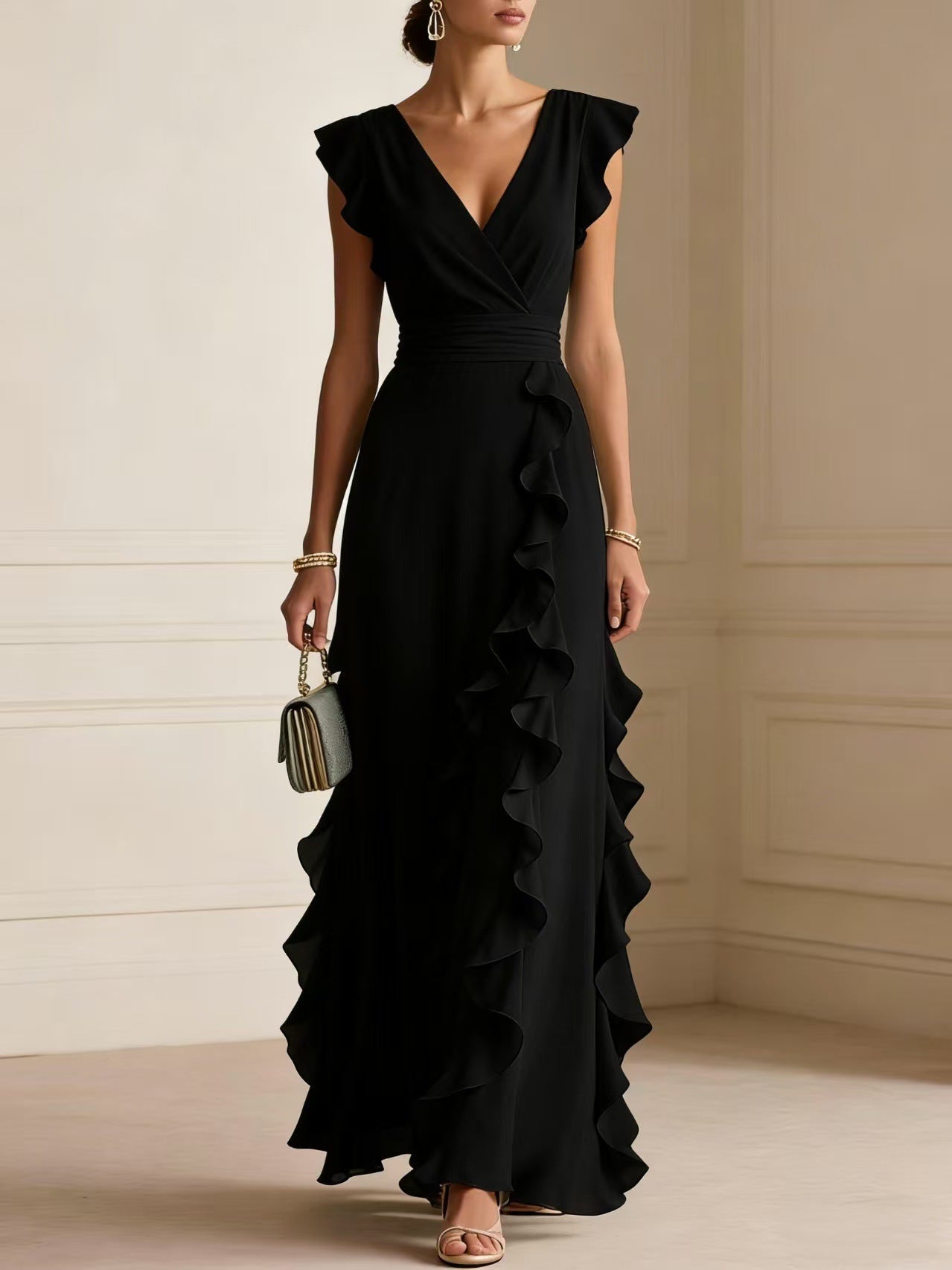 Elegant V Neck Ruffle Maxi Dress With Flutter Sleeves