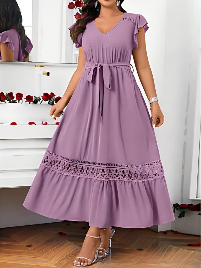 V-neck Womens Solid-Colored Lace-Patchwork Short-Sleeve Dress