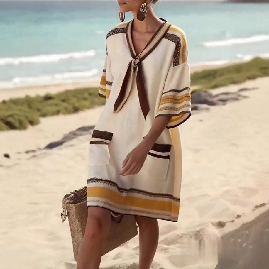 Lace-up V-neck Striped Print Short-sleeve A-line Skirt