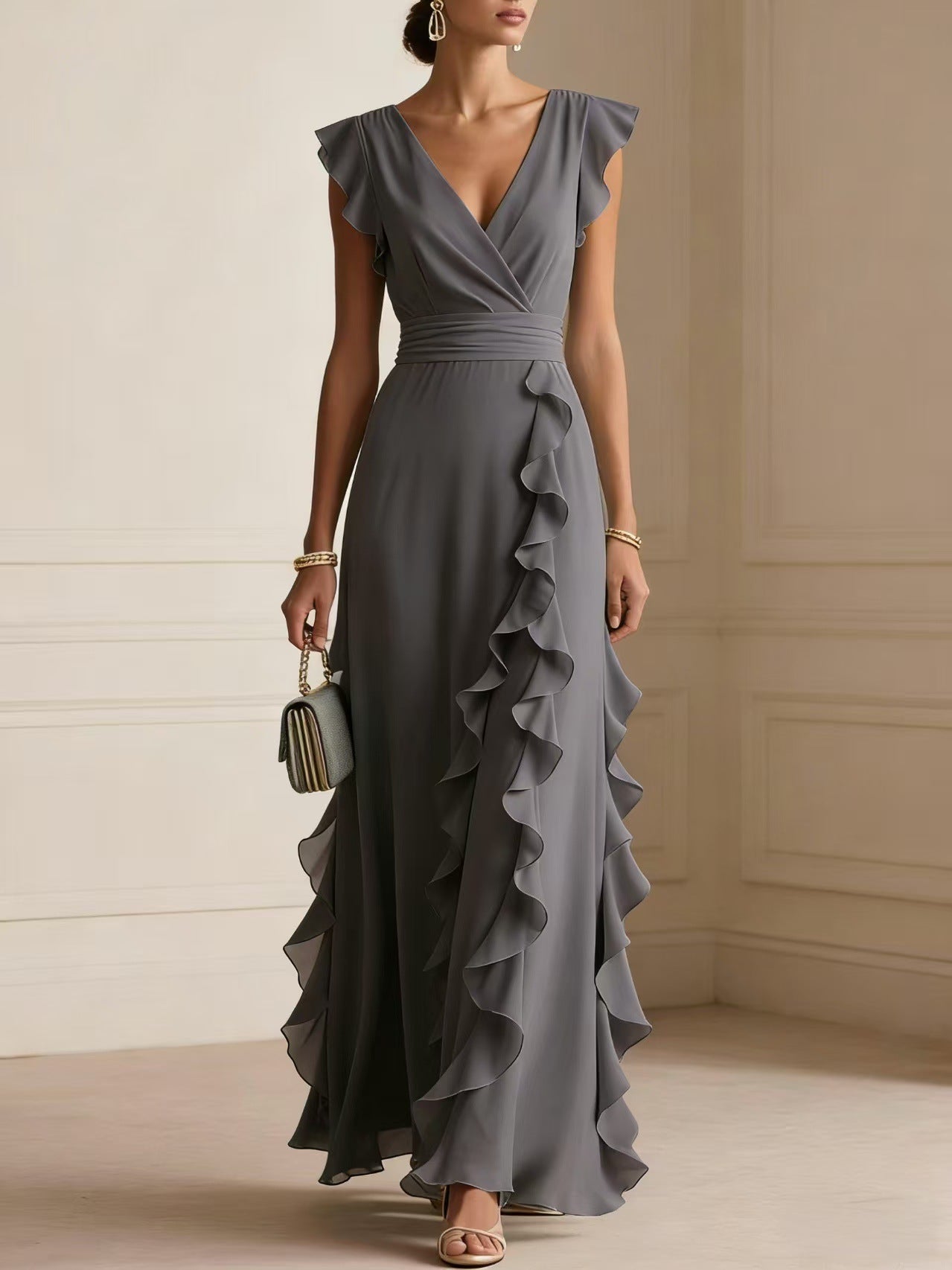 Elegant V Neck Ruffle Maxi Dress With Flutter Sleeves