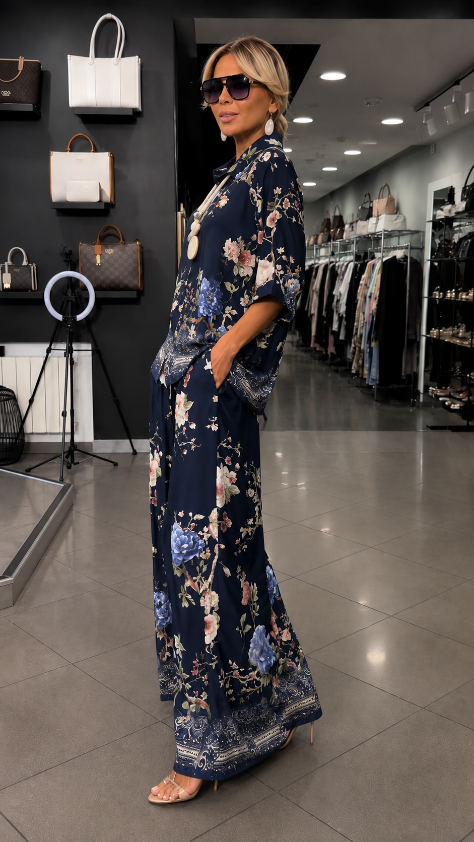 Floral Print Two Piece Set With Button Shirt & Wide Leg Pants