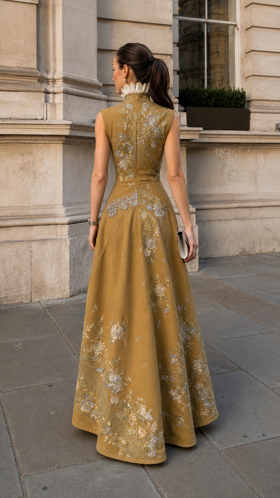 Embroidered Stand Collar Sleeveless Maxi Dress