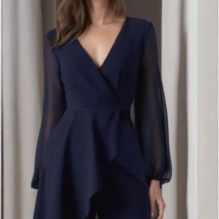 European And American Elegant Chic Casual Jumpsuit In Navy Blue
