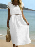 Elegant Round-Neck Cotton-Linen Dress With Embroidered Lace Trim