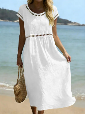 Elegant Round-Neck Cotton-Linen Dress With Embroidered Lace Trim
