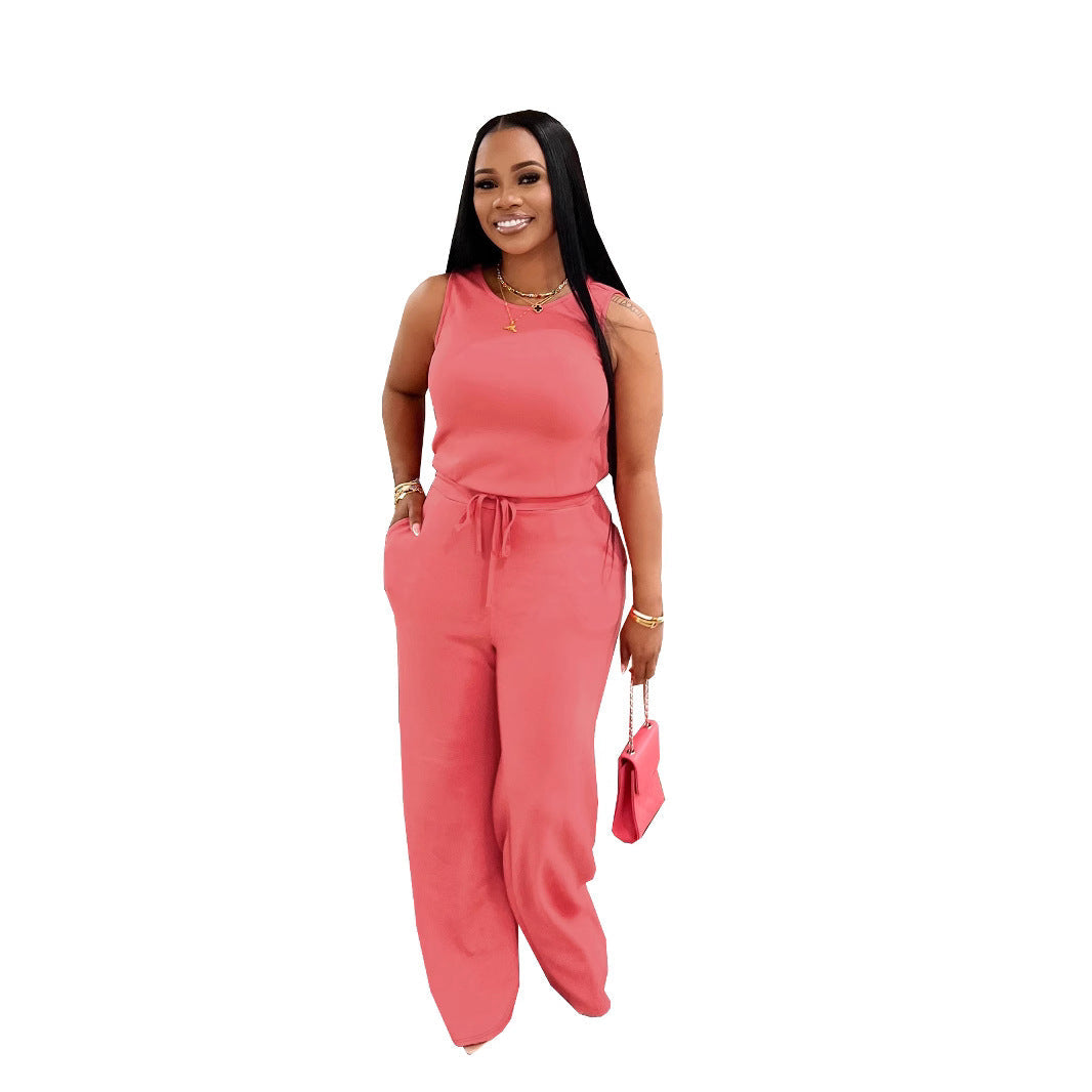 Summer New All-Match EuropeanAmerican Style Fashionable Slimming Casual Solid-Colored Lace-Up Jumpsuit