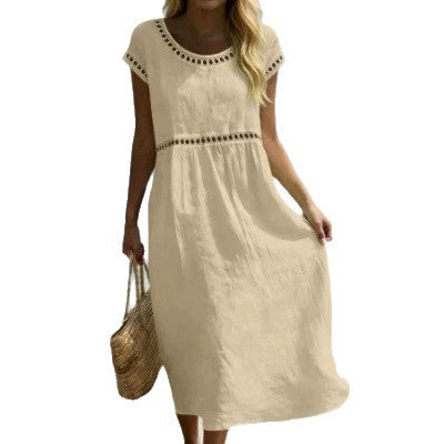 Elegant Round-Neck Cotton-Linen Dress With Embroidered Lace Trim