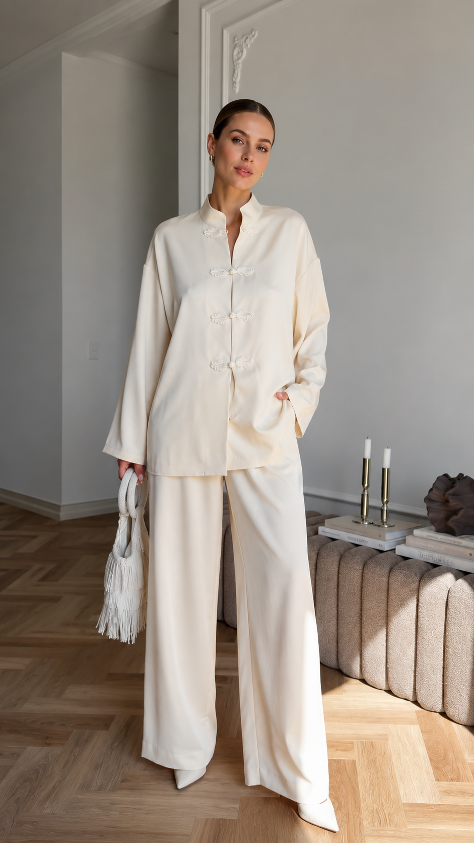 Elegant Mandarin Collar Wide-Leg Two-Piece Set