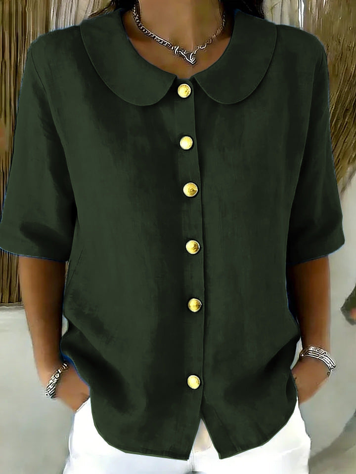 Elegant And Stylish Cotton-Linen Womens Short-Sleeve Shirt With Buttons
