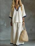 Contrast Trim V-Neck Wide-Leg Two-Piece Set