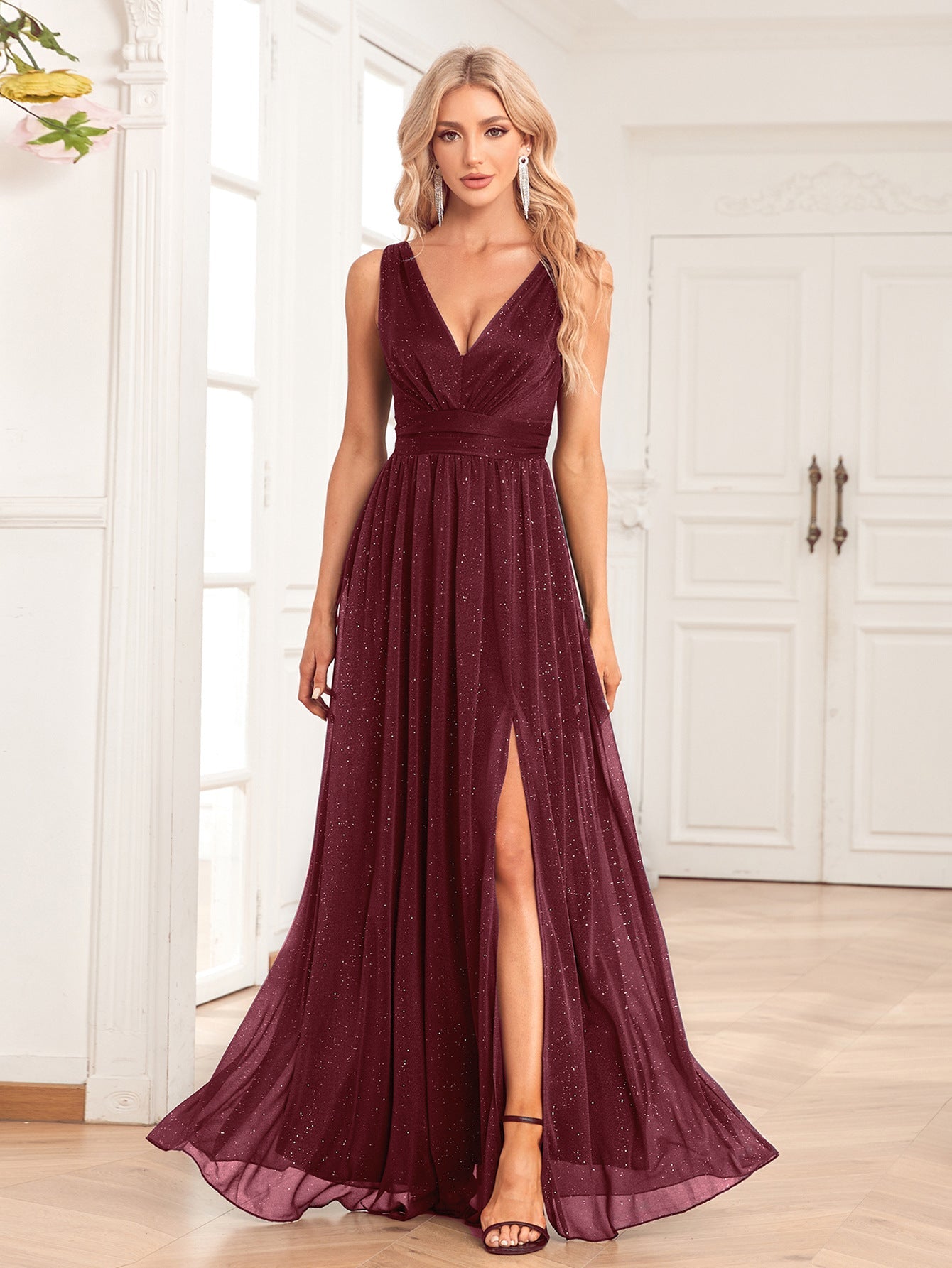 Double V-neck A-line Floor-length Dress With Side Slits