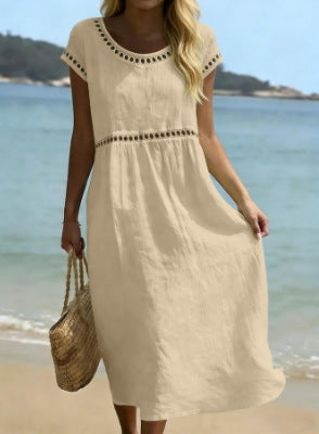 Elegant Round-Neck Cotton-Linen Dress With Embroidered Lace Trim