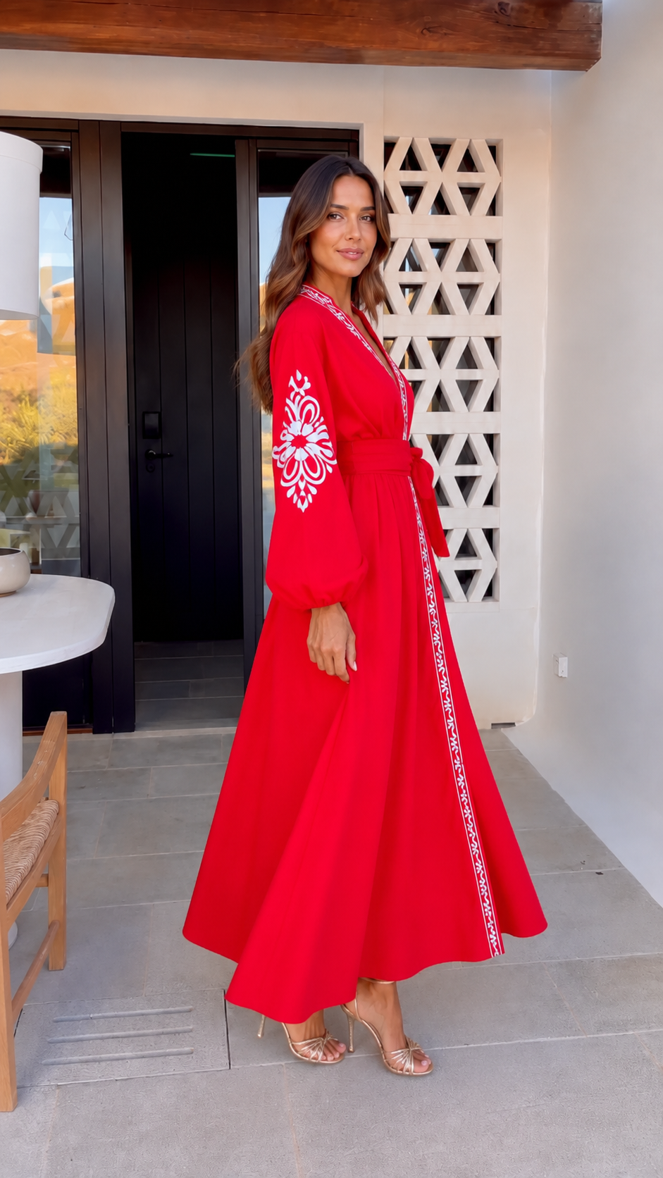 Elara Embroidered Waist Tie Maxi Dress