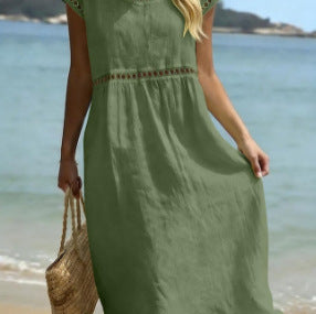 Elegant Round-Neck Cotton-Linen Dress With Embroidered Lace Trim