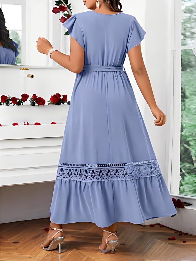 V-neck Womens Solid-Colored Lace-Patchwork Short-Sleeve Dress