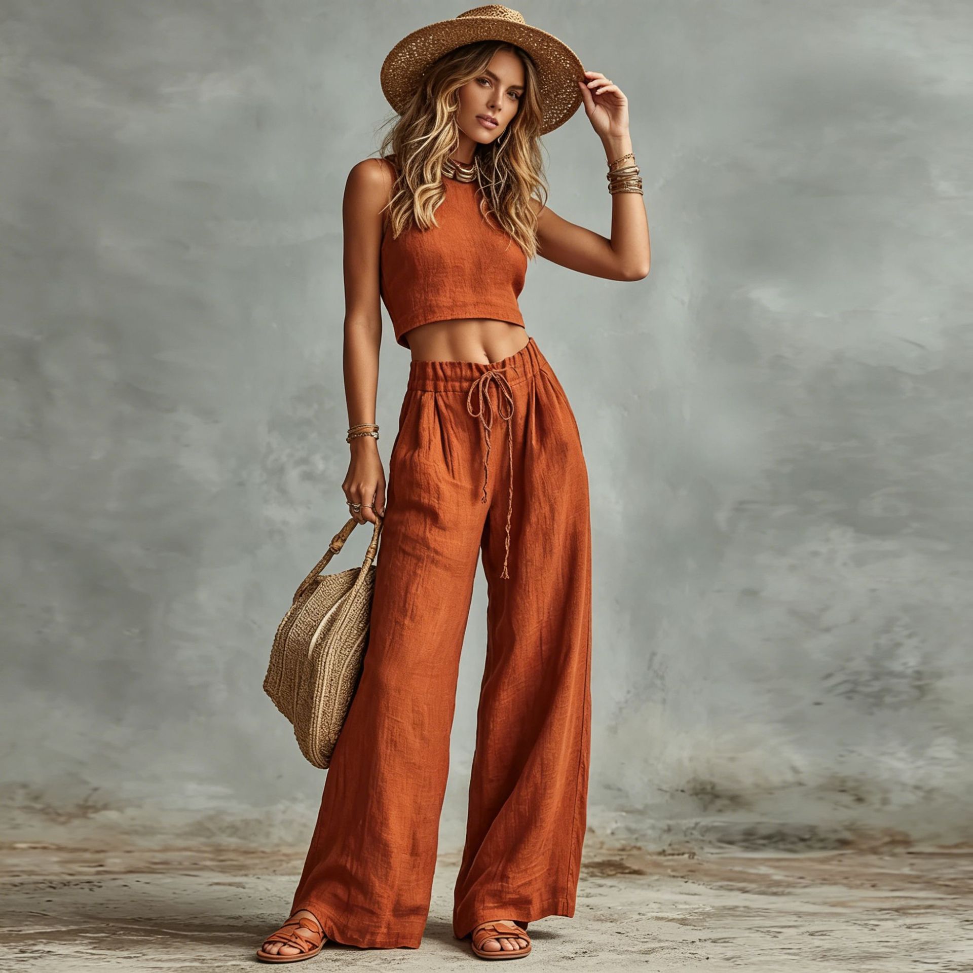 Vest Drawstring High-Waist Wide-Leg Pants Two-Piece Set