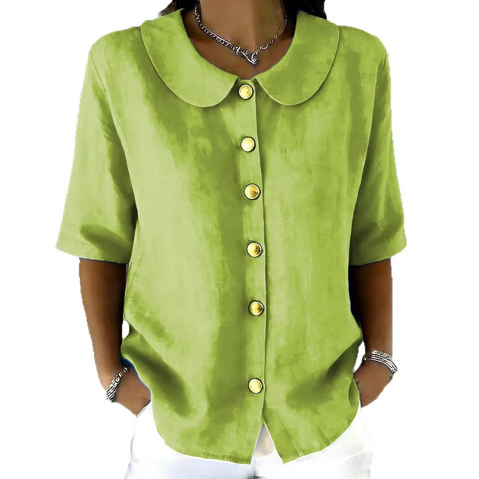 Elegant And Stylish Cotton-Linen Womens Short-Sleeve Shirt With Buttons