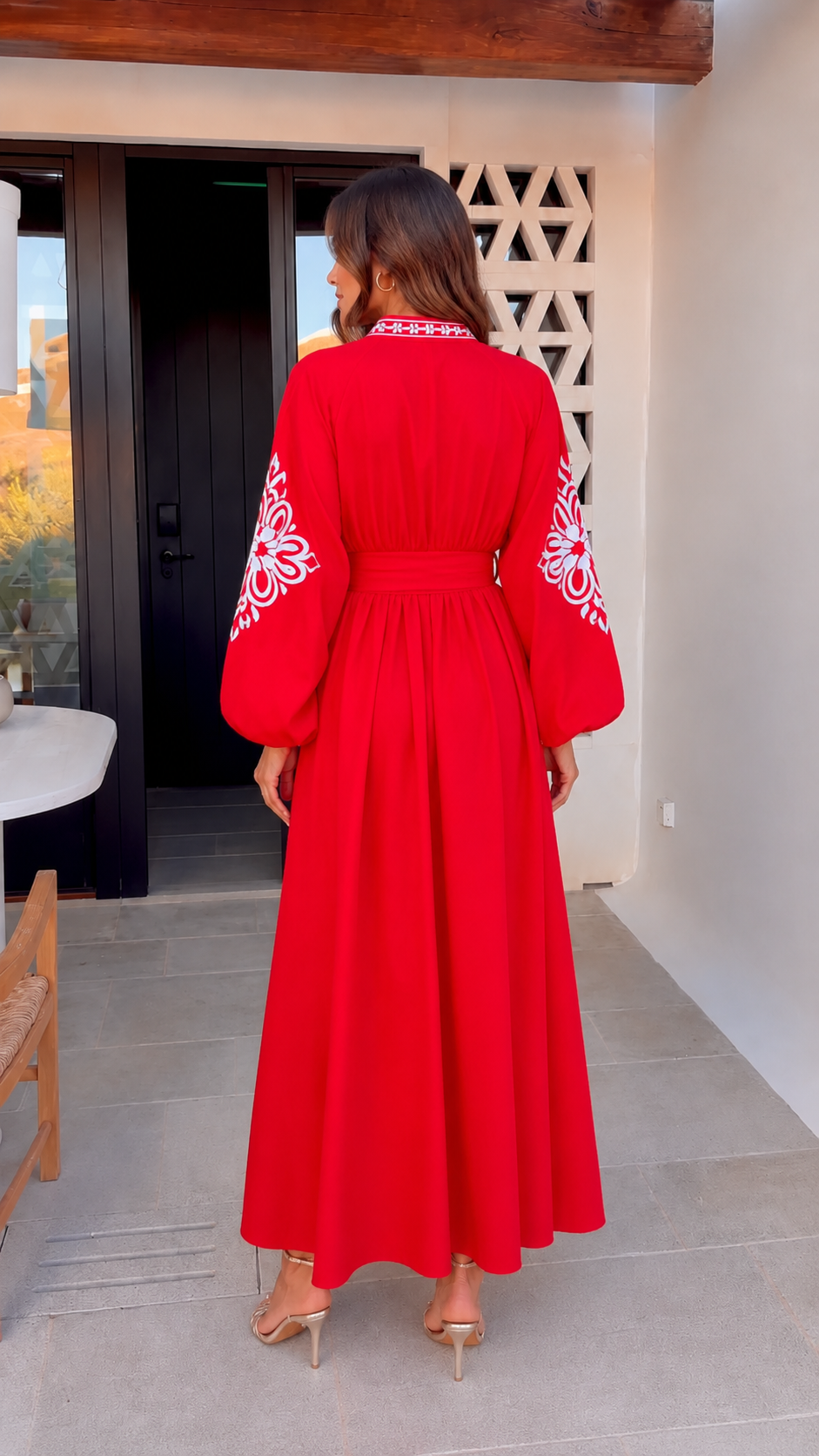 Elara Embroidered Waist Tie Maxi Dress