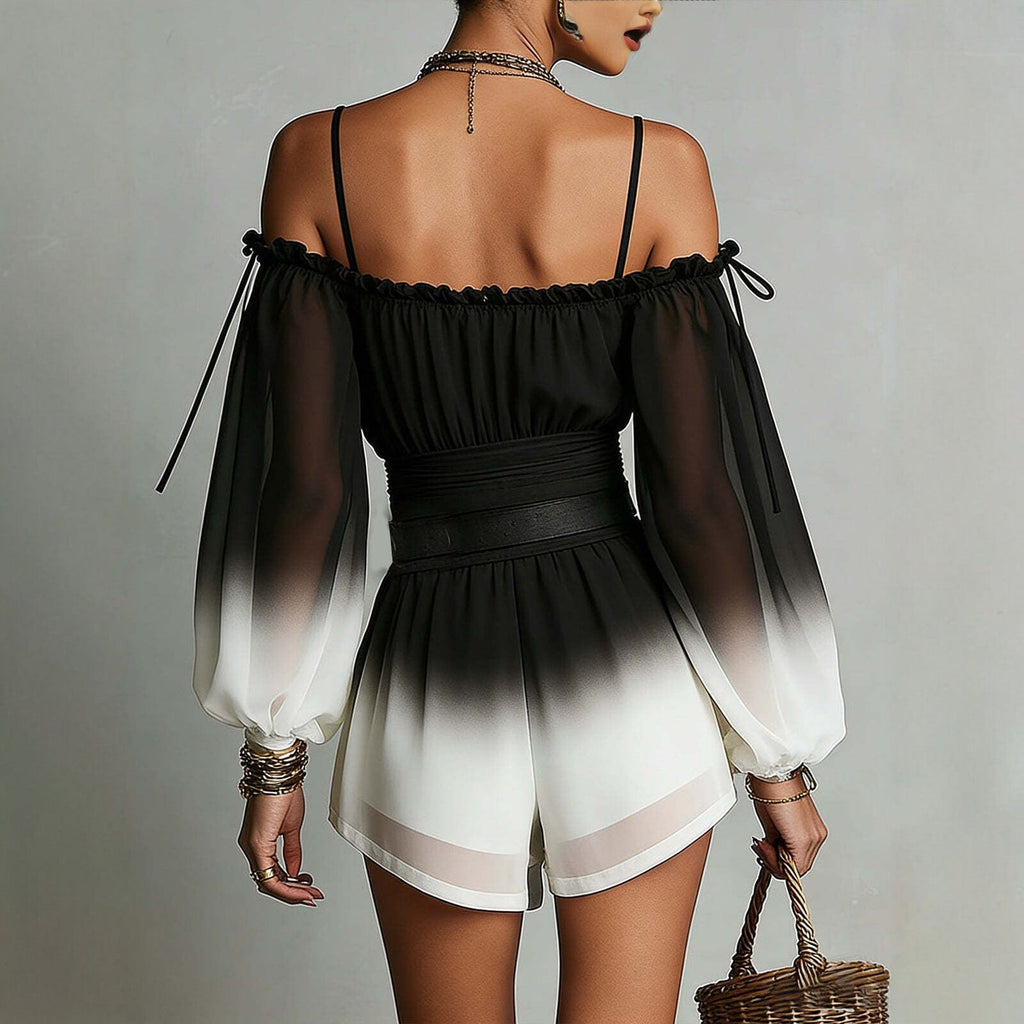 Off-Shoulder Ombre Jumpsuit Womens Summer Sexy Bandage Waist-Fitted Fashionable Shorts With Belt