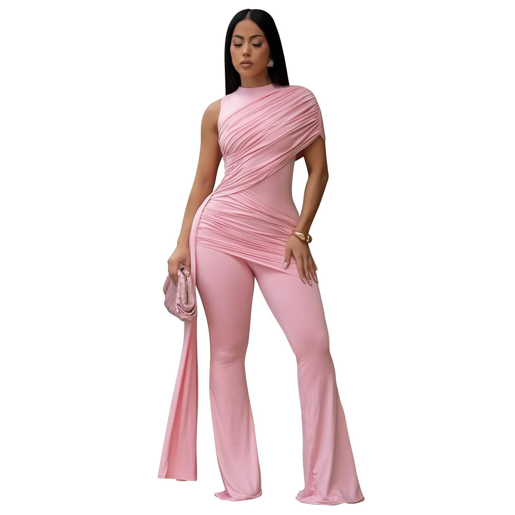 Sexy Crew-Neck Pleated Ribbon Jumpsuit