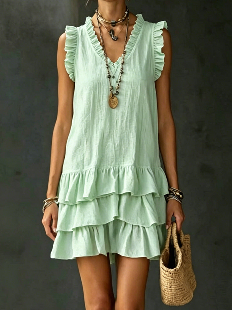 Women's Casual V-Neck Ruffle-Trim Sleeveless Dress