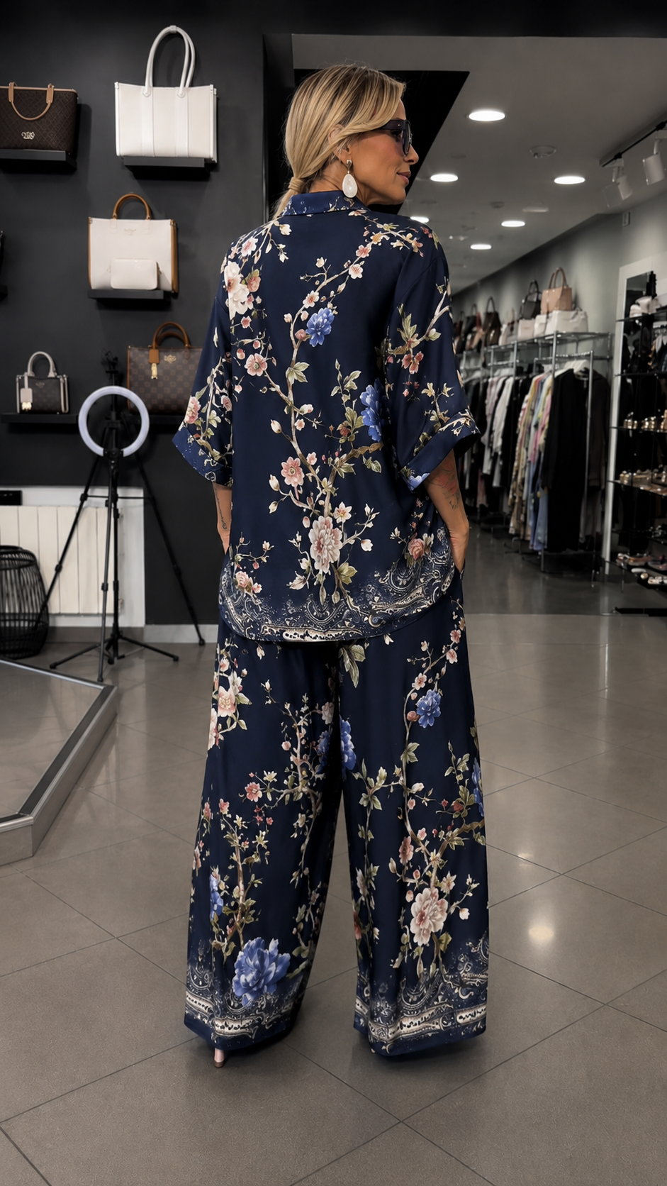 Floral Print Two Piece Set With Button Shirt & Wide Leg Pants