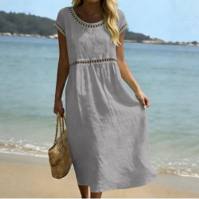 Elegant Round-Neck Cotton-Linen Dress With Embroidered Lace Trim