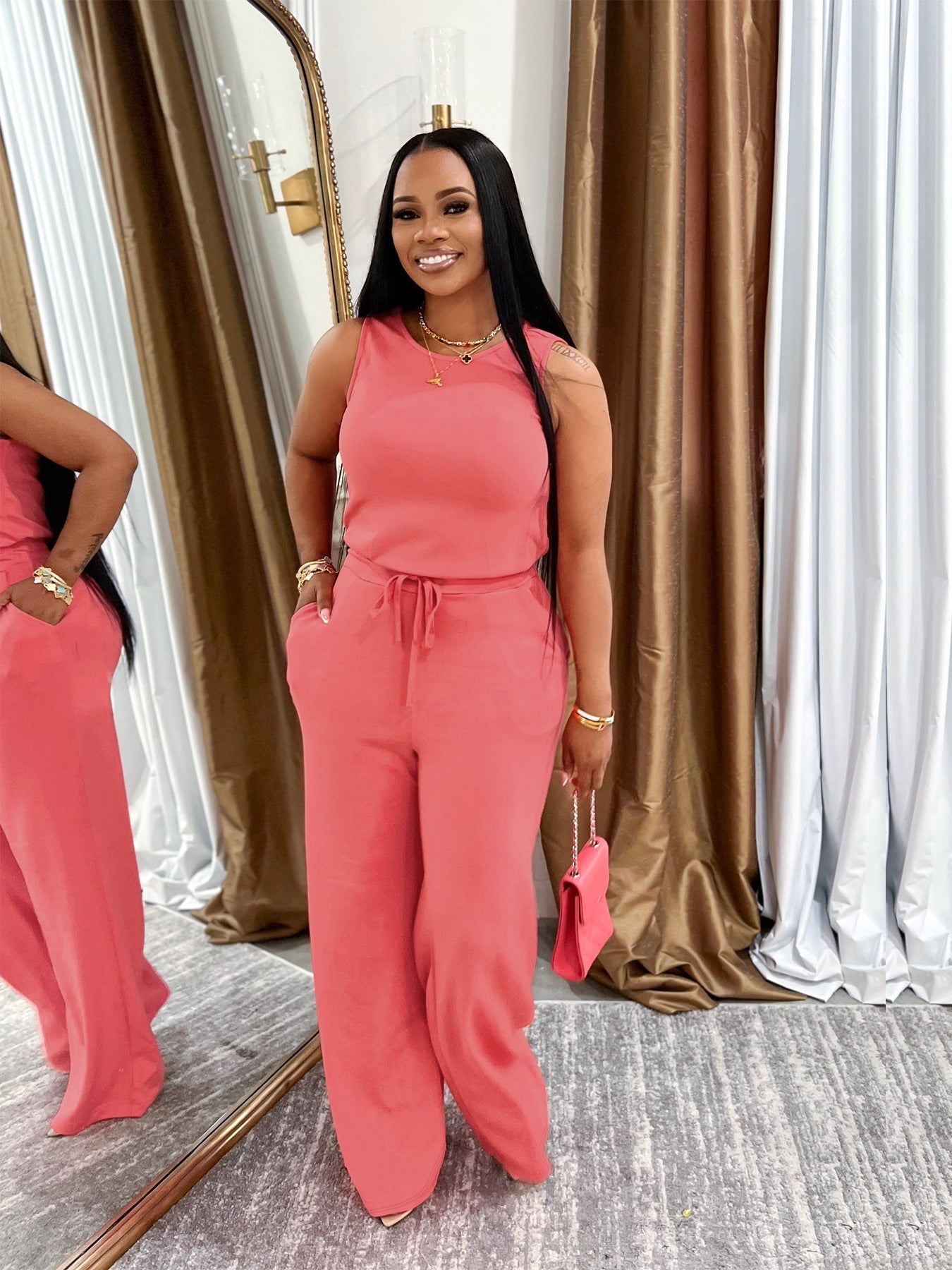 Casual Solid-Colored Lace-Up Jumpsuit