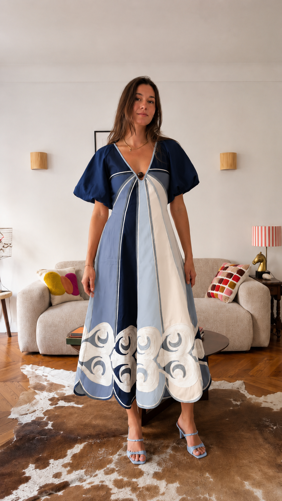 Women's Color Block Embroidered Midi Dress
