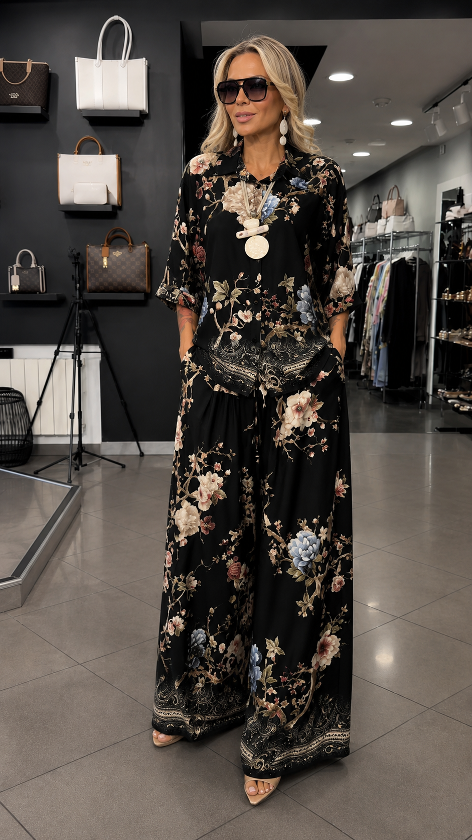 Floral Print Two Piece Set With Button Shirt & Wide Leg Pants