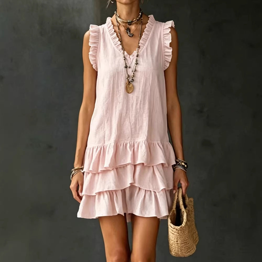 Women's Casual V-Neck Ruffle-Trim Sleeveless Dress