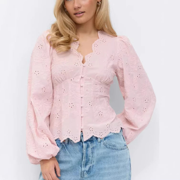 Lace-trimmed Casual Solid-color Women's Shirt
