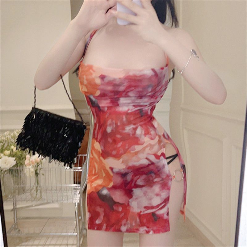 Figure-hugging Floral-print High-end Sophisticated Split Dress For Women