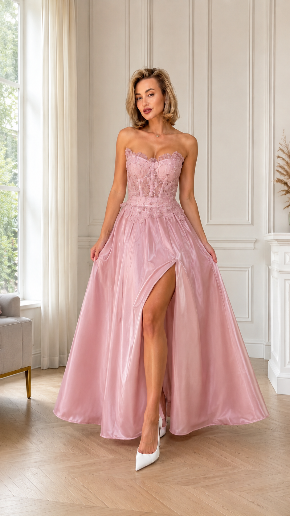 Lace Corset Satin Maxi Dress With High Slit