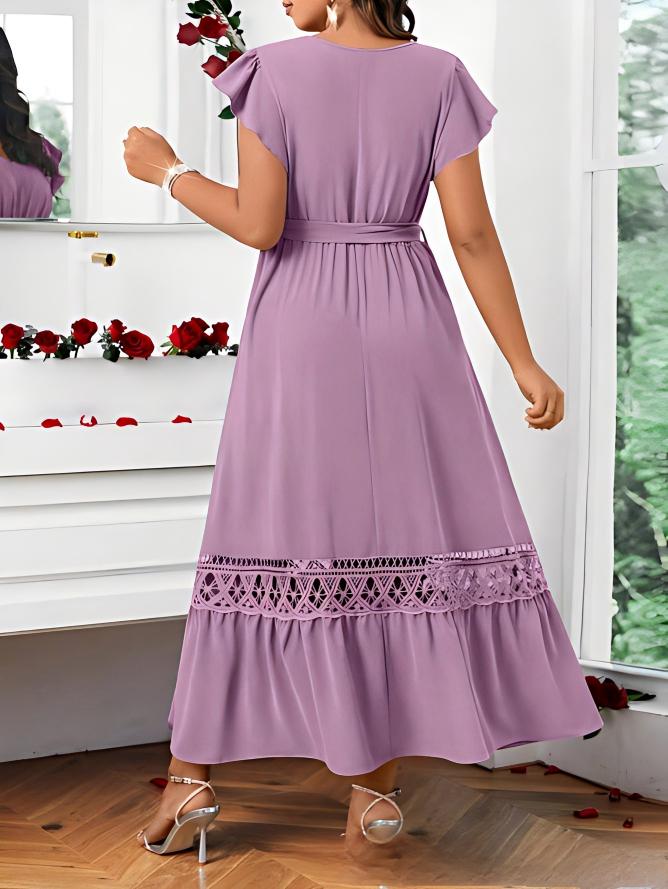 V-neck Womens Solid-Colored Lace-Patchwork Short-Sleeve Dress