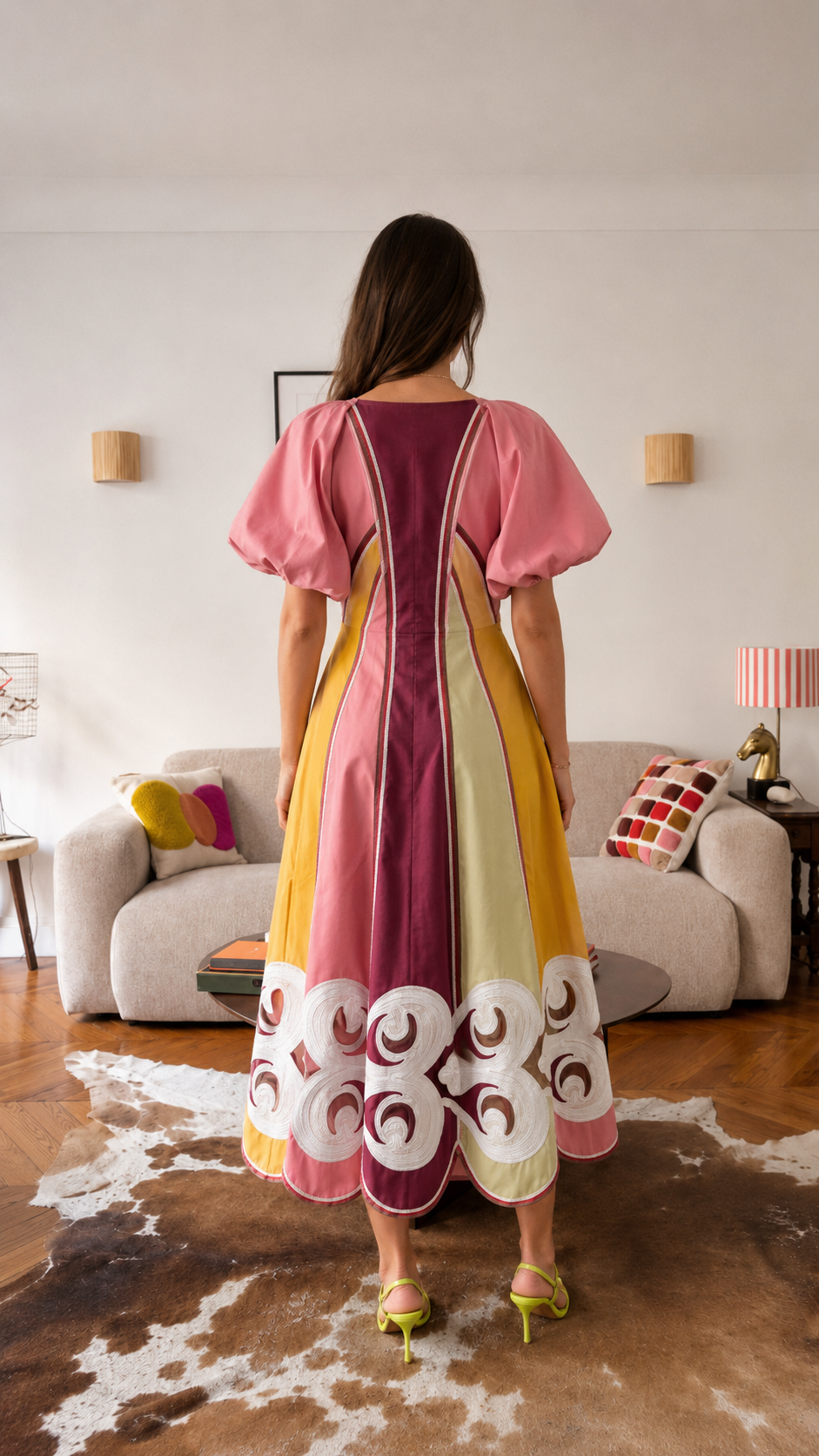 Women's Color Block Embroidered Midi Dress