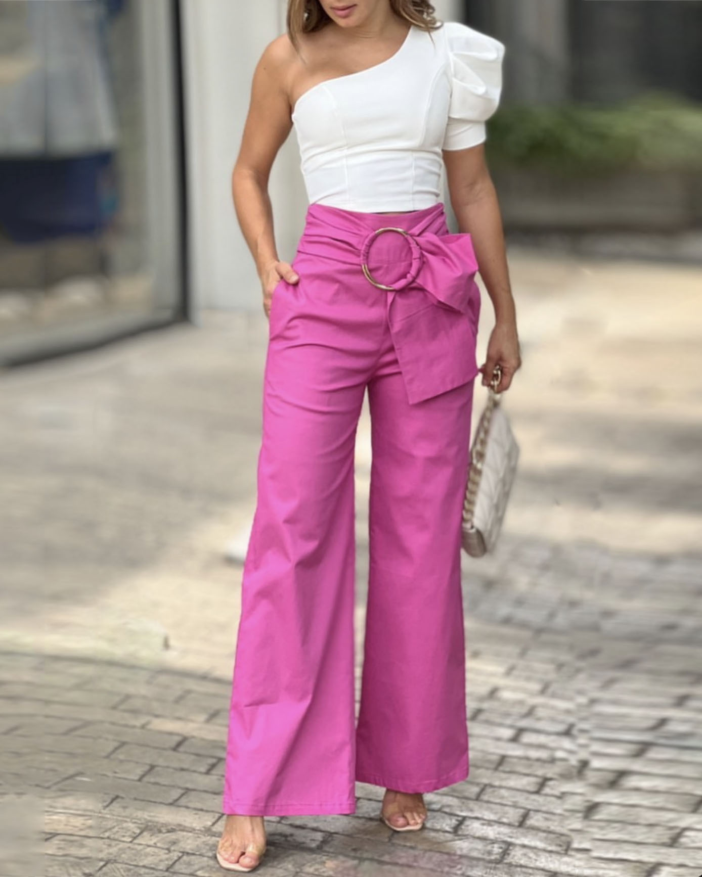 One-shoulder puff sleeve two-piece set